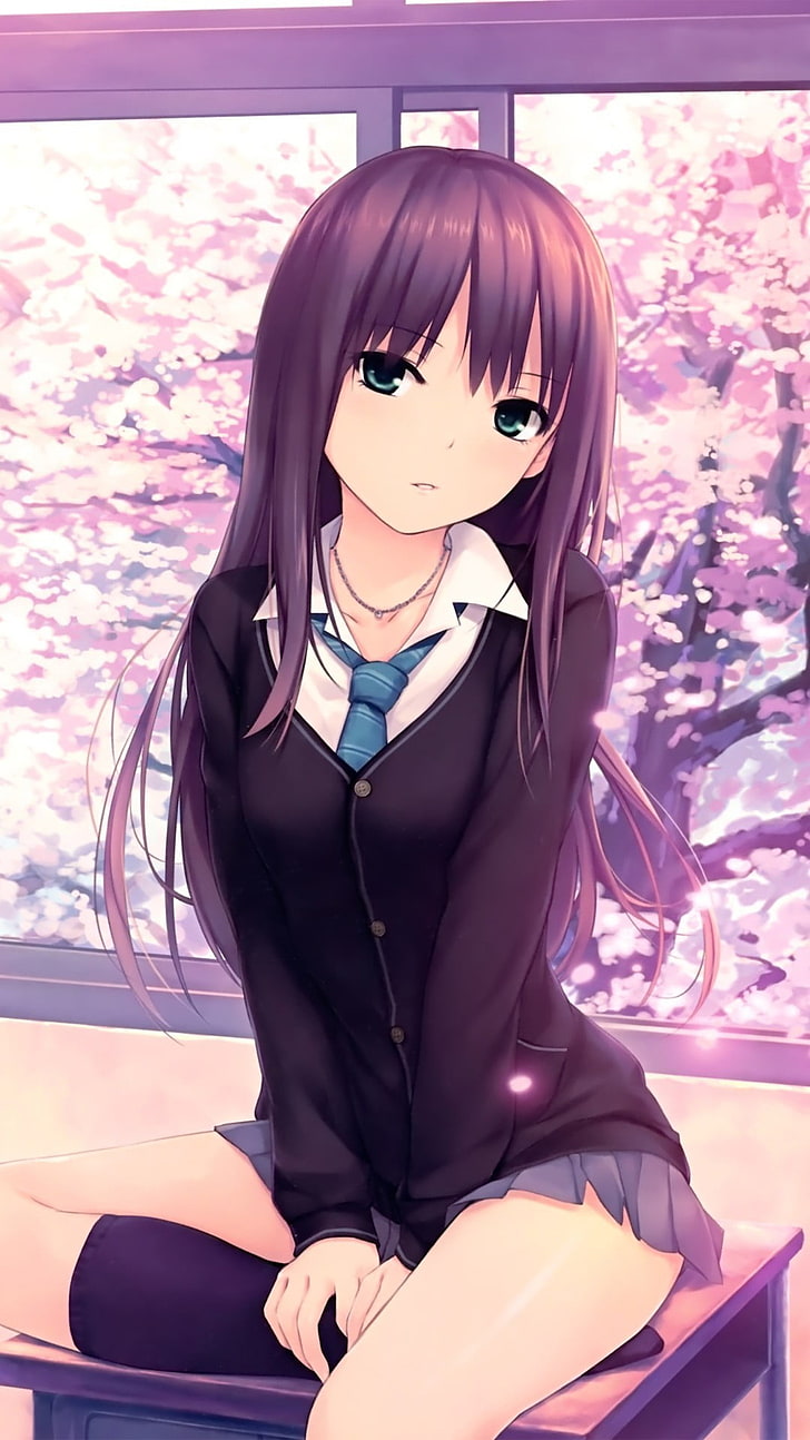 fond d'écran animé personnage aux cheveux violet, manga, Shibuya Rin, anime girls, cravate, assis, Fond d'écran HD, fond d'écran de téléphone